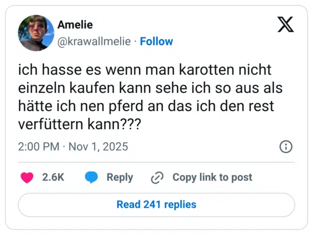 ich hasse es wenn man karotten nicht einzeln kaufen kann sehe ich so aus als hätte ich nen pferd an das ich den rest verfüttern kann???