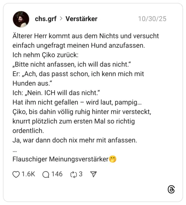 Älterer Herr kommt aus dem Nichts und versucht einfach ungefragt meinen Hund anzufassen. Ich nehm Çiko zurück: „Bitte nicht anfassen, ich will das nicht.“ Er: „Ach, das passt schon, ich kenn mich mit Hunden aus.“ Ich: „Nein. ICH will das nicht.“ Hat ihm nicht gefallen – wird laut, pampig… Çiko, bis dahin völlig ruhig hinter mir versteckt, knurrt plötzlich zum ersten Mal so richtig ordentlich. Ja, war dann doch nix mehr mit anfassen. … Flauschiger Meinungsverstärker🤭