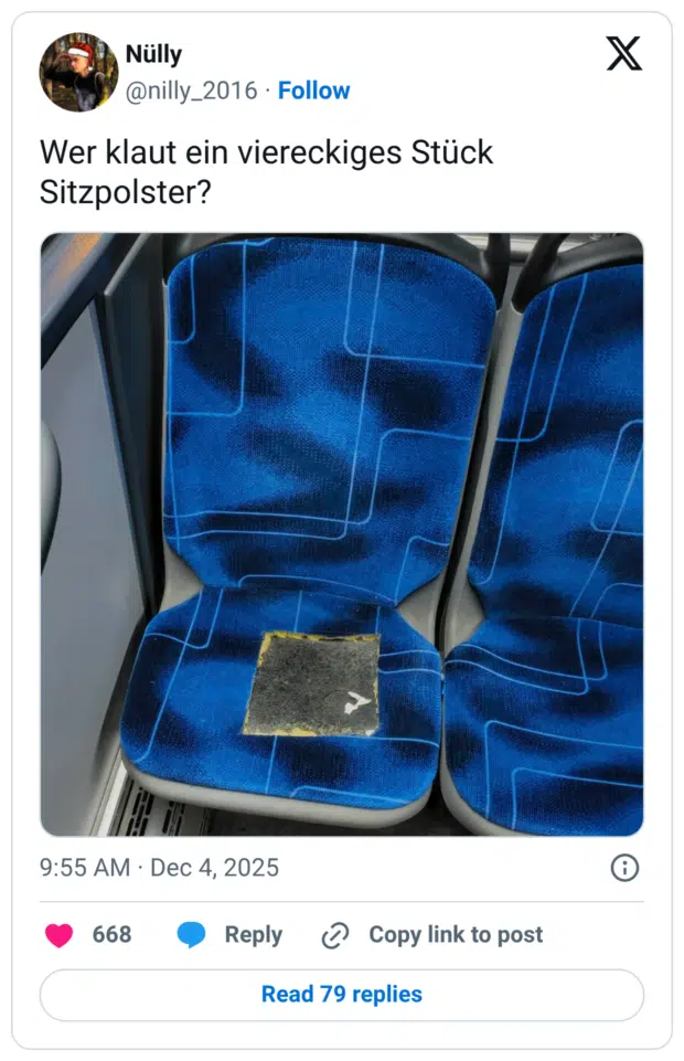 Wer klaut ein viereckiges Stück Sitzpolster?