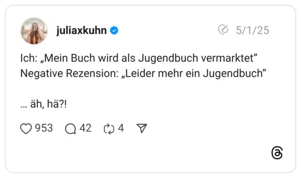 Ich: „Mein Buch wird als Jugendbuch vermarktet“ Negative Rezension: „Leider mehr ein Jugendbuch“ … äh, hä?!