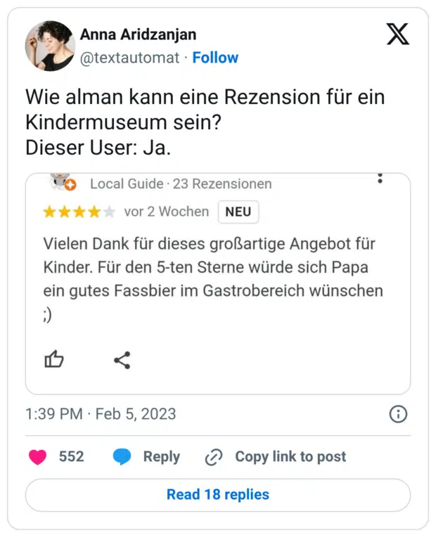 Wie alman kann eine Rezension für ein Kindermuseum sein? Dieser User: Ja.