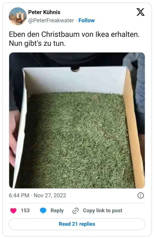 Eben den Christbaum von Ikea erhalten. Nun gibt's zu tun.