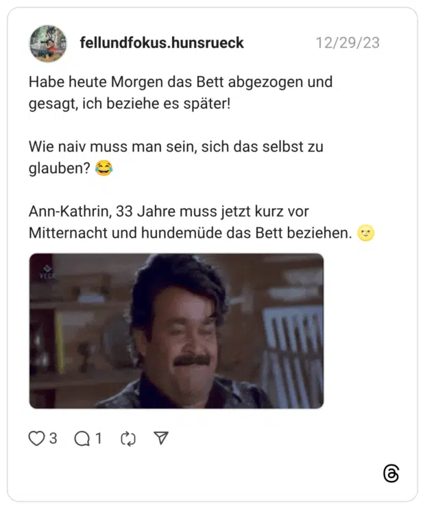 Habe heute Morgen das Bett abgezogen und gesagt, ich beziehe es später! Wie naiv muss man sein, sich das selbst zu glauben? 😂 Ann-Kathrin, 33 Jahre muss jetzt kurz vor Mitternacht und hundemüde das Bett beziehen. 🌝