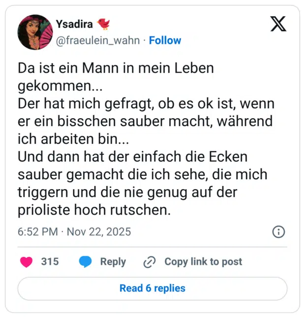Da ist ein Mann in mein Leben gekommen... Der hat mich gefragt, ob es ok ist, wenn er ein bisschen sauber macht, während ich arbeiten bin... Und dann hat der einfach die Ecken sauber gemacht die ich sehe, die mich triggern und die nie genug auf der prioliste hoch rutschen