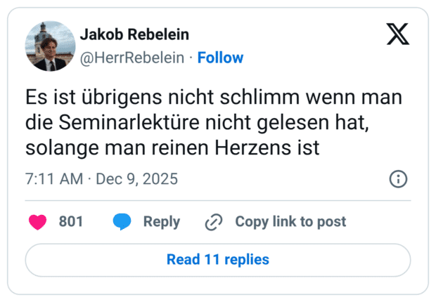 Es ist übrigens nicht schlimm wenn man die Seminarlektüre nicht gelesen hat, solange man reinen Herzens ist