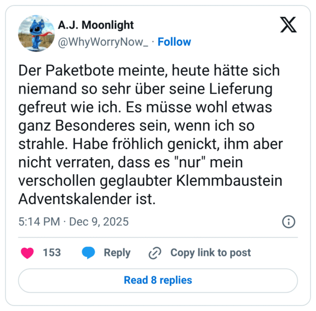 Der Paketbote meinte, heute hätte sich niemand so sehr über seine Lieferung gefreut wie ich. Es müsse wohl etwas ganz Besonderes sein, wenn ich so strahle. Habe fröhlich genickt, ihm aber nicht verraten, dass es "nur" mein verschollen geglaubter Klemmbaustein Adventskalender