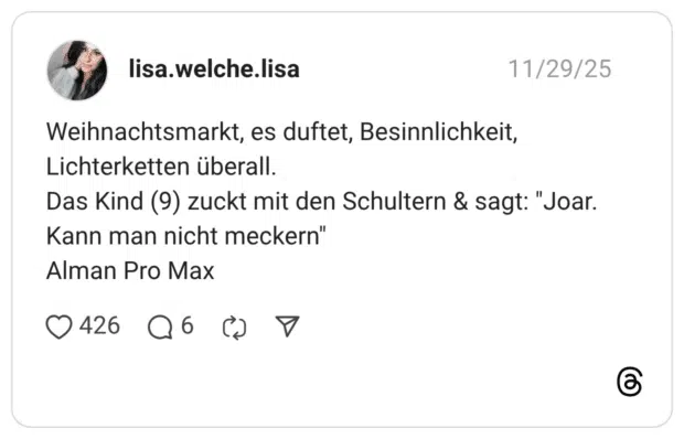 Weihnachtsmarkt, es duftet, Besinnlichkeit, Lichterketten überall. Das Kind (9) zuckt mit den Schultern & sagt: "Joar. Kann man nicht meckern" Alman Pro Max