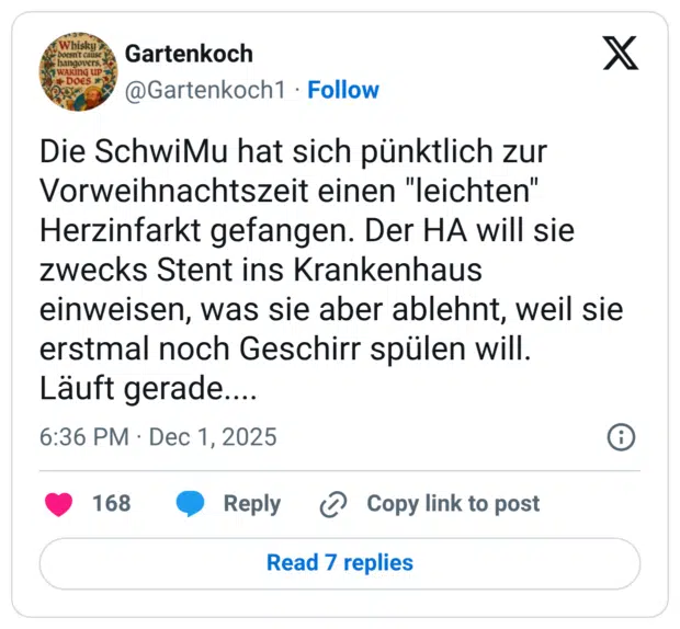 Die SchwiMu hat sich pünktlich zur Vorweihnachtszeit einen "leichten" Herzinfarkt gefangen. Der HA will sie zwecks Stent ins Krankenhaus einweisen, was sie aber ablehnt, weil sie erstmal noch Geschirr spülen will. Läuft gerade....