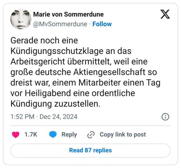 Gerade noch eine Kündigungsschutzklage an das Arbeitsgericht übermittelt, weil eine große deutsche Aktiengesellschaft so dreist war, einem Mitarbeiter einen Tag vor Heiligabend eine ordentliche Kündigung zuzustellen.