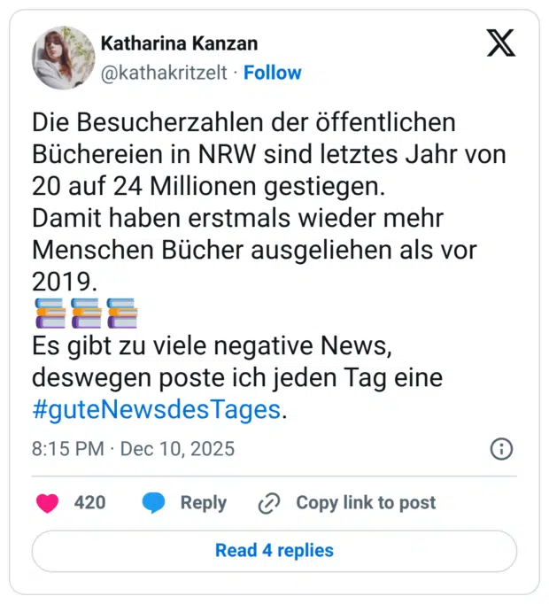 Die Besucherzahlen der öffentlichen Büchereien in NRW sind letztes Jahr von 20 auf 24 Millionen gestiegen. Damit haben erstmals wieder mehr Menschen Bücher ausgeliehen als vor 2019. 📚📚📚 Es gibt zu viele negative News, deswegen poste ich jeden Tag eine #guteNewsdesTages.