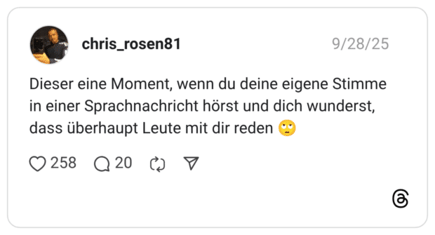 Dieser eine Moment, wenn du deine eigene Stimme in einer Sprachnachricht hörst und dich wunderst, dass überhaupt Leute mit dir reden 🙄