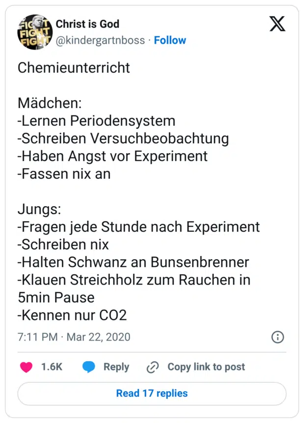 Chemieunterricht Mädchen: -Lernen Periodensystem -Schreiben Versuchbeobachtung -Haben Angst vor Experiment -Fassen nix an Jungs: -Fragen jede Stunde nach Experiment -Schreiben nix -Halten Schwanz an Bunsenbrenner -Klauen Streichholz zum Rauchen in 5min Pause -Kennen nur CO2