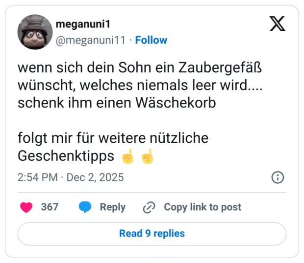 wenn sich dein Sohn ein Zaubergefäß wünscht, welches niemals leer wird.... schenk ihm einen Wäschekorb folgt mir für weitere nützliche Geschenktipps