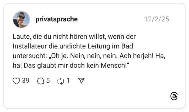 Laute, die du nicht hören willst, wenn der Installateur die undichte Leitung im Bad untersucht: „Oh je. Nein, nein, nein. Ach herjeh! Ha, ha! Das glaubt mir doch kein Mensch!