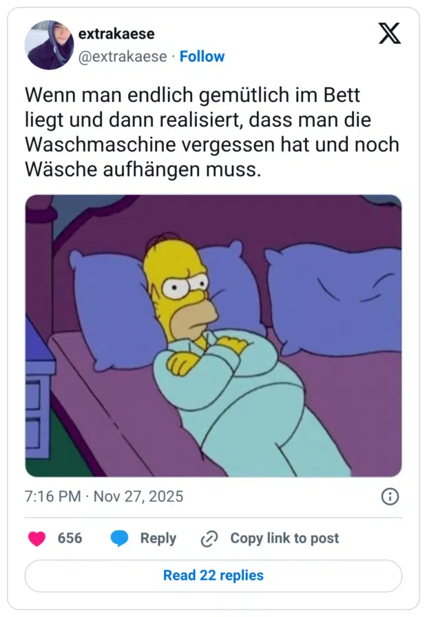 Wenn man endlich gemütlich im Bett liegt und dann realisiert, dass man die Waschmaschine vergessen hat und noch Wäsche aufhängen muss.