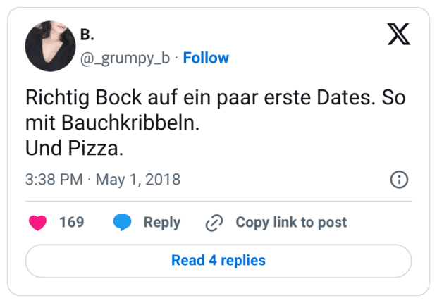 Richtig Bock auf ein paar erste Dates. So mit Bauchkribbeln. Und Pizza.