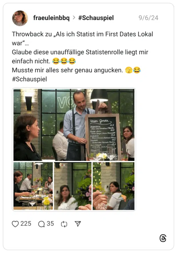 Throwback zu „Als ich Statist im First Dates Lokal war“… Glaube diese unauffällige Statistenrolle liegt mir einfach nicht. 😂😂😂 Musste mir alles sehr genau angucken. 🫣😂 #Schauspiel