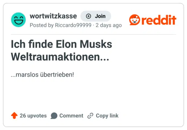 Ich finde Elon Musks Weltraumaktionen... ...marslos übertrieben!