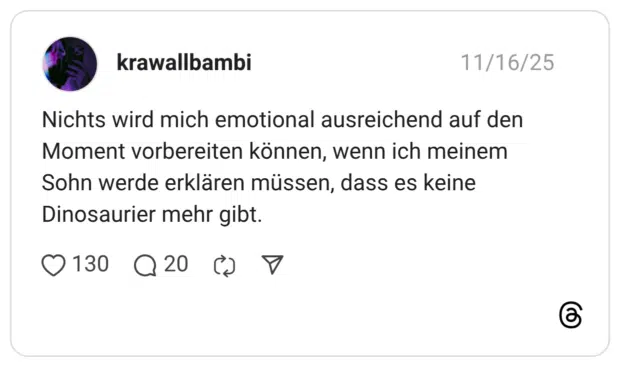 Nichts wird mich emotional ausreichend auf den Moment vorbereiten können, wenn ich meinem Sohn werde erklären müssen, dass es keine Dinosaurier mehr gibt.