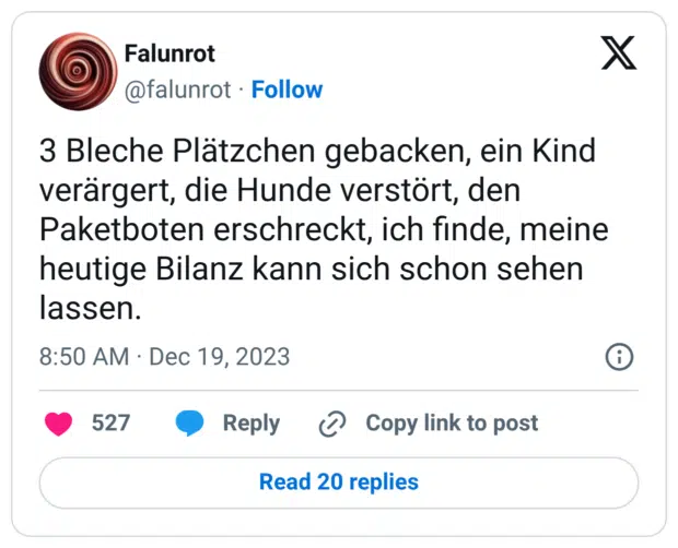 3 Bleche Plätzchen gebacken, ein Kind verärgert, die Hunde verstört, den Paketboten erschreckt, ich finde, meine heutige Bilanz kann sich schon sehen lassen.