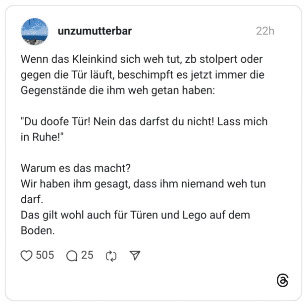 Wenn das Kleinkind sich weh tut, zb stolpert oder gegen die Tür läuft, beschimpft es jetzt immer die Gegenstände die ihm weh getan haben: "Du doofe Tür! Nein das darfst du nicht! Lass mich in Ruhe!" Warum es das macht? Wir haben ihm gesagt, dass ihm niemand weh tun darf. Das gilt wohl auch für Türen und Lego auf dem Boden