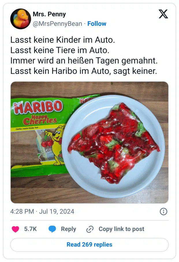 Lasst keine Kinder im Auto. Lasst keine Tiere im Auto. Immer wird an heißen Tagen gemahnt. Lasst kein Haribo im Auto, sagt keiner.