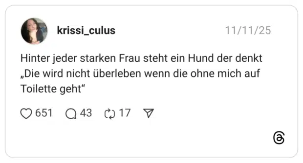 Hinter jeder starken Frau steht ein Hund der denkt „Die wird nicht überleben wenn die ohne mich auf Toilette geht“