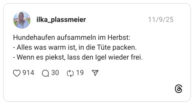 Hundehaufen aufsammeln im Herbst: - Alles was warm ist, in die Tüte packen. - Wenn es piekst, lass den Igel wieder frei.