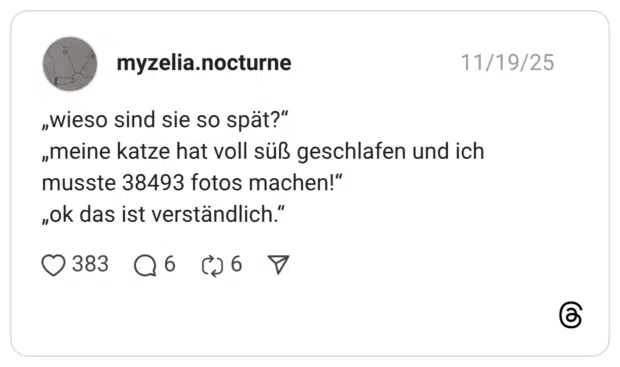 „wieso sind sie so spät?“ „meine katze hat voll süß geschlafen und ich musste 38493 fotos machen!“ „ok das ist verständlich.“