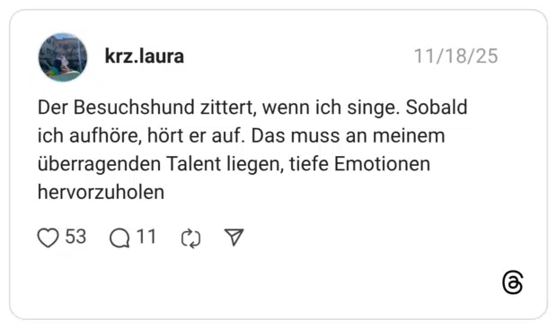Der Besuchshund zittert, wenn ich singe. Sobald ich aufhöre, hört er auf. Das muss an meinem überragenden Talent liegen, tiefe Emotionen hervorzuholen