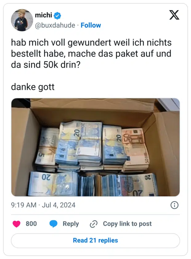 hab mich voll gewundert weil ich nichts bestellt habe, mache das paket auf und da sind 50k drin? danke gott