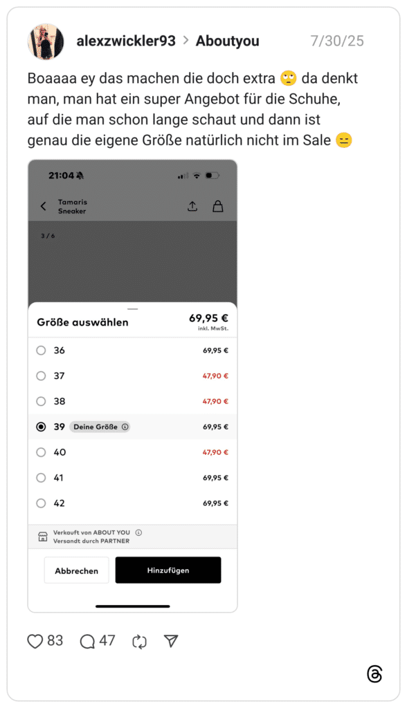 Boaaaa ey das machen die doch extra 🙄 da denkt man, man hat ein super Angebot für die Schuhe, auf die man schon lange schaut und dann ist genau die eigene Größe natürlich nicht im Sale 😑