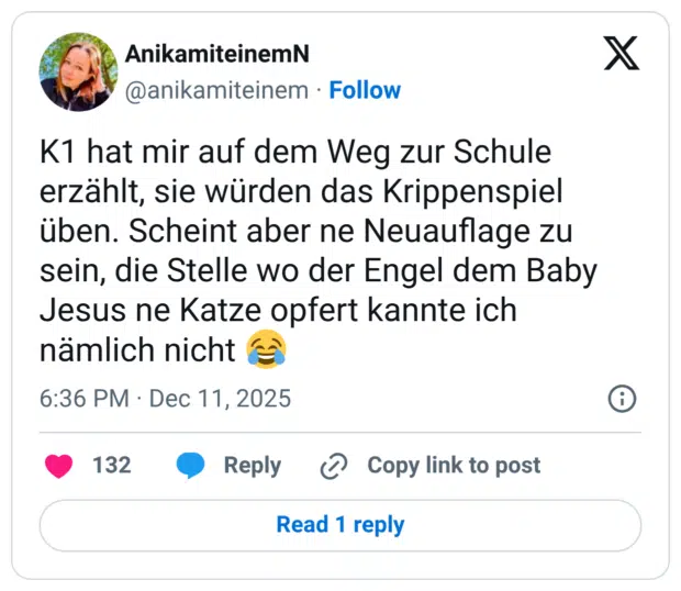 K1 hat mir auf dem Weg zur Schule erzählt, sie würden das Krippenspiel üben. Scheint aber ne Neuauflage zu sein, die Stelle wo der Engel dem Baby Jesus ne Katze opfert kannte ich nämlich nicht