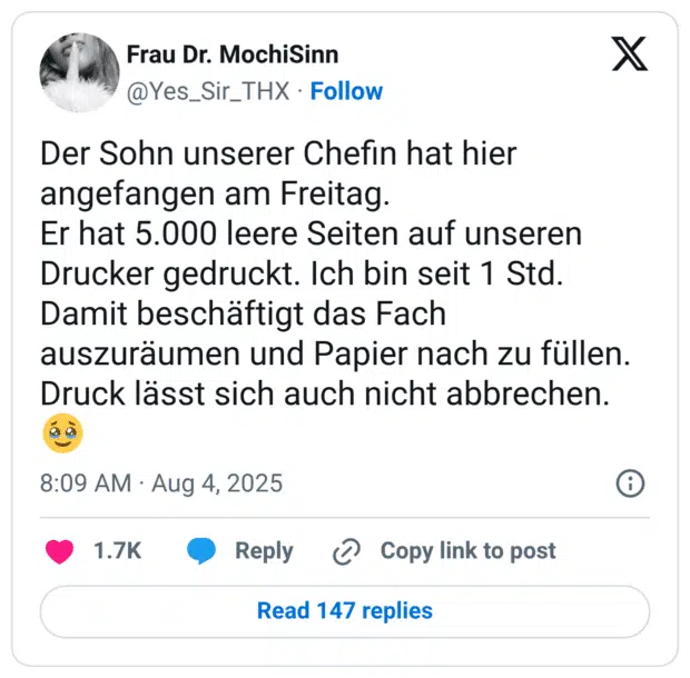 Der Sohn unserer Chefin hat hier angefangen am Freitag. Er hat 5.000 leere Seiten auf unseren Drucker gedruckt. Ich bin seit 1 Std. Damit beschäftigt das Fach auszuräumen und Papier nach zu füllen. Druck lässt sich auch nicht abbrechen. 🥹