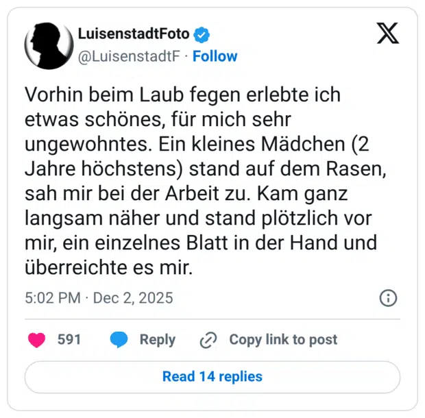 Vorhin beim Laub fegen erlebte ich etwas schönes, für mich sehr ungewohntes. Ein kleines Mädchen (2 Jahre höchstens) stand auf dem Rasen, sah mir bei der Arbeit zu. Kam ganz langsam näher und stand plötzlich vor mir, ein einzelnes Blatt in der Hand und überreichte es mir.
