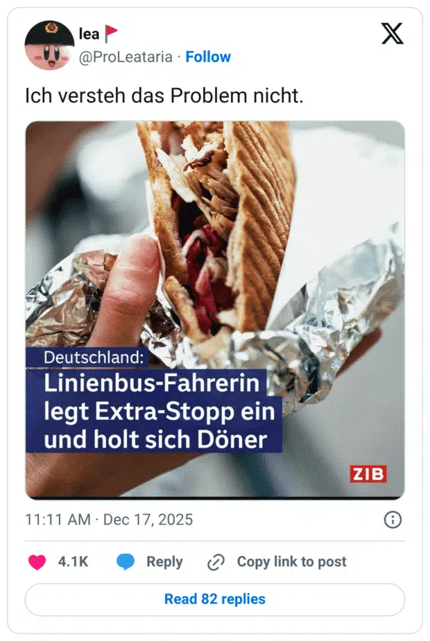 Deutschland: Linienbus-Fahrerin legt Extra-Stopp ein und holt sich Döner