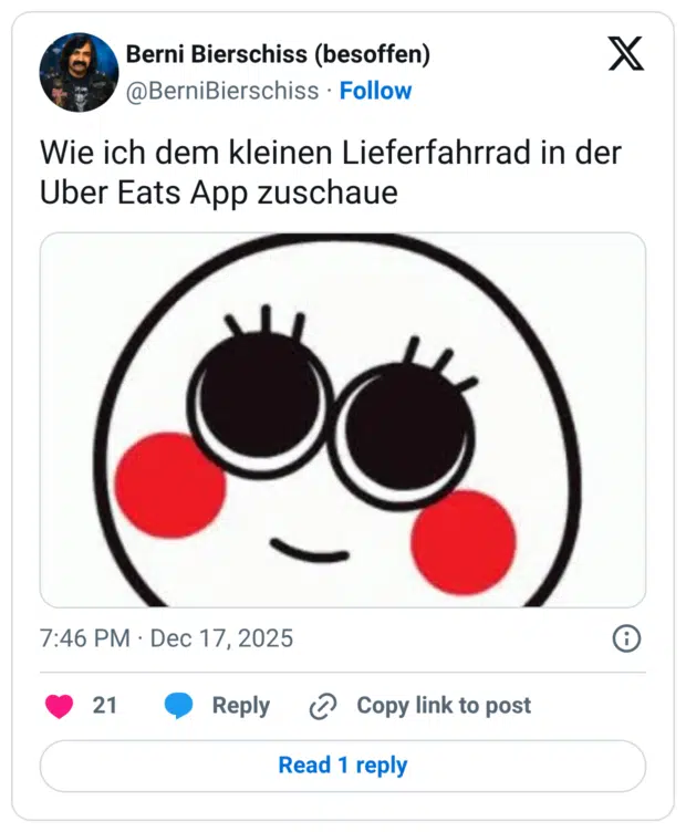 Wie ich dem kleinen Lieferfahrrad in der Uber Eats App zuschaue