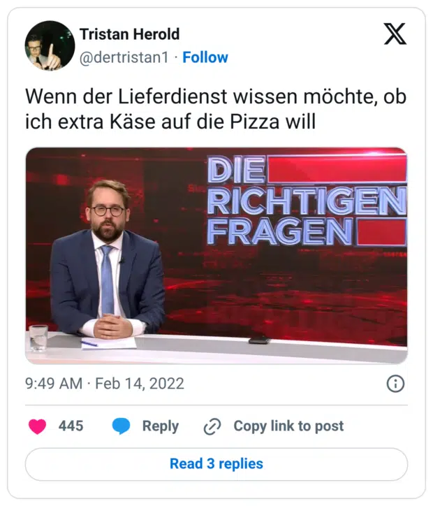 Wenn der Lieferdienst wissen möchte, ob ich extra Käse auf die Pizza will