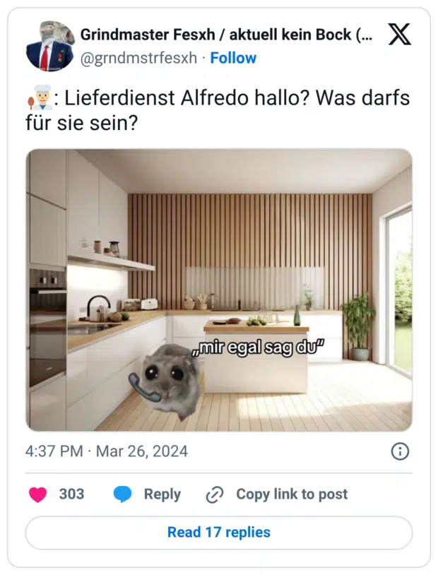 👨🏼‍🍳: Lieferdienst Alfredo hallo? Was darfs für sie sein?