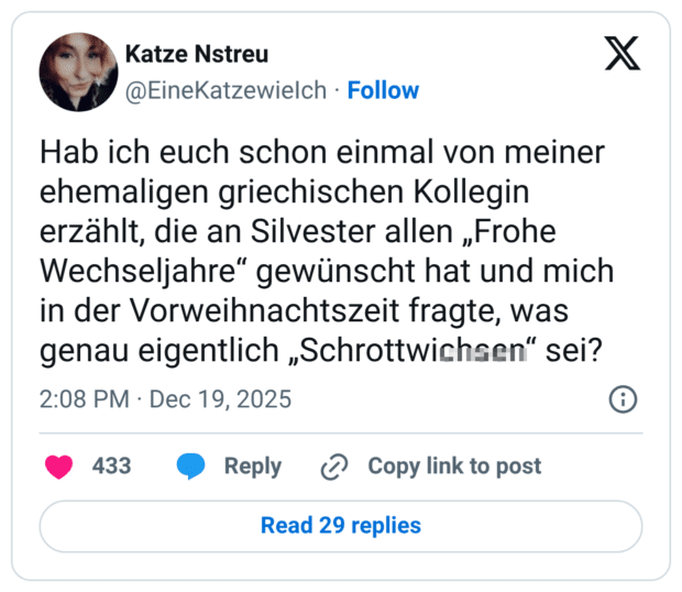 Hab ich euch schon einmal von meiner ehemaligen griechischen Kollegin erzählt, die an Silvester allen „Frohe Wechseljahre“ gewünscht hat und mich in der Vorweihnachtszeit fragte, was genau eigentlich „Schrottwichsen“ sei?