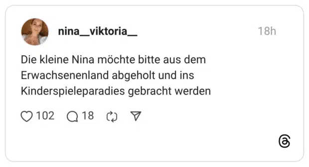Die kleine Nina möchte bitte aus dem Erwachsenenland abgeholt und ins Kinderspieleparadies gebracht werden