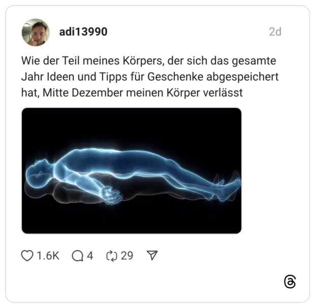 Wie der Teil meines Körpers, der sich das gesamte Jahr Ideen und Tipps für Geschenke abgespeichert hat, Mitte Dezember meinen Körper verlässt