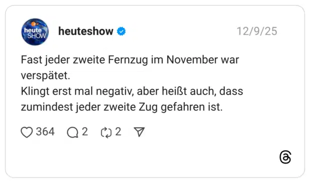 Fast jeder zweite Fernzug im November war verspätet. Klingt erst mal negativ, aber heißt auch, dass zumindest jeder zweite Zug gefahren ist