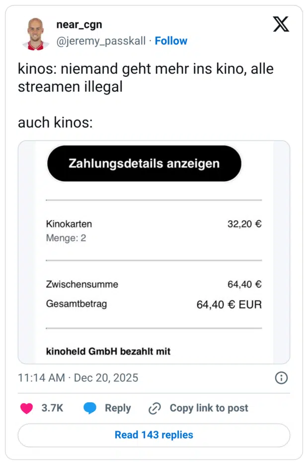 niemand geht mehr ins kino, alle streamen illegal auch kinos:
