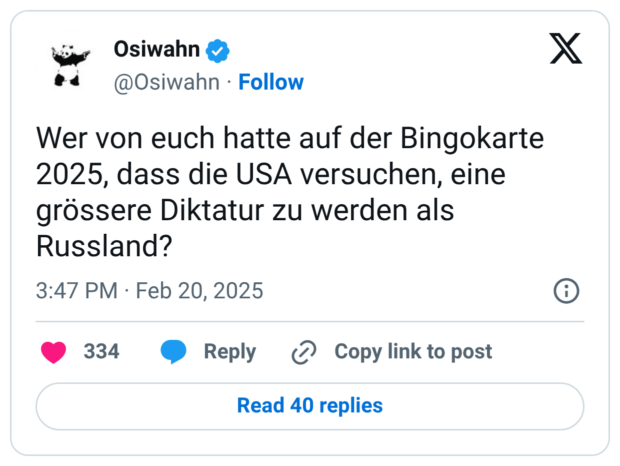 Wer von euch hatte auf der Bingokarte 2025, dass die USA versuchen, eine grössere Diktatur zu werden als Russland?