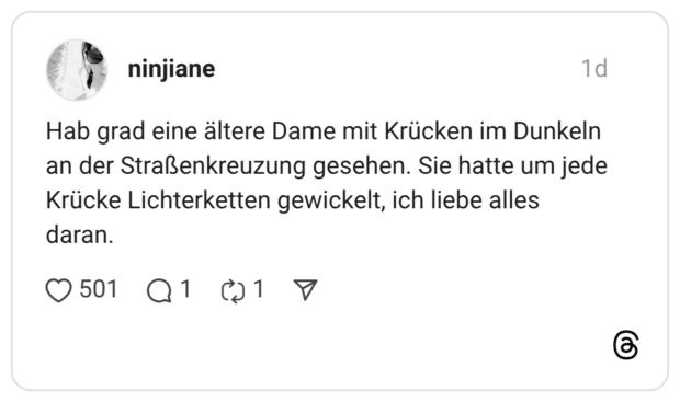 Hab grad eine ältere Dame mit Krücken im Dunkeln an der Straßenkreuzung gesehen. Sie hatte um jede Krücke Lichterketten gewickelt, ich liebe alles daran.