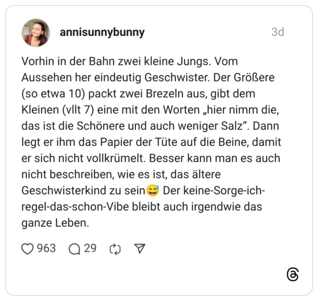Vorhin in der Bahn zwei kleine Jungs. Vom Aussehen her eindeutig Geschwister. Der Größere (so etwa 10) packt zwei Brezeln aus, gibt dem Kleinen (vllt 7) eine mit den Worten „hier nimm die, das ist die Schönere und auch weniger Salz". Dann legt er ihm das Papier der Tüte auf die Beine, damit er sich nicht vollkrümelt. Besser kann man es auch nicht beschreiben, wie es ist, das ältere Geschwisterkind zu sein & Der keine-Sorge-ich- regel-das-schon-Vibe bleibt auch irgendwie das ganze Leben.