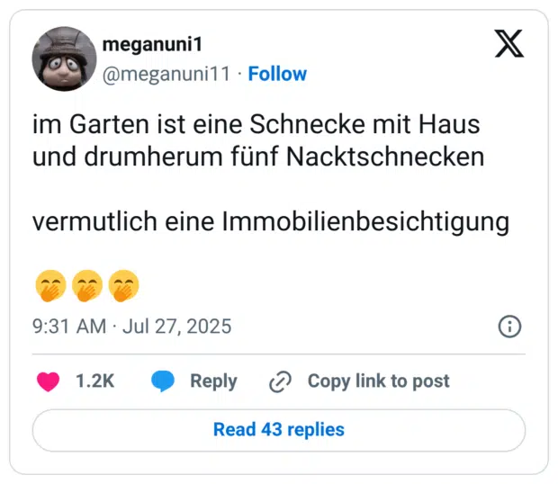 im Garten ist eine Schnecke mit Haus und drumherum fünf Nacktschnecken vermutlich eine Immobilienbesichtigung