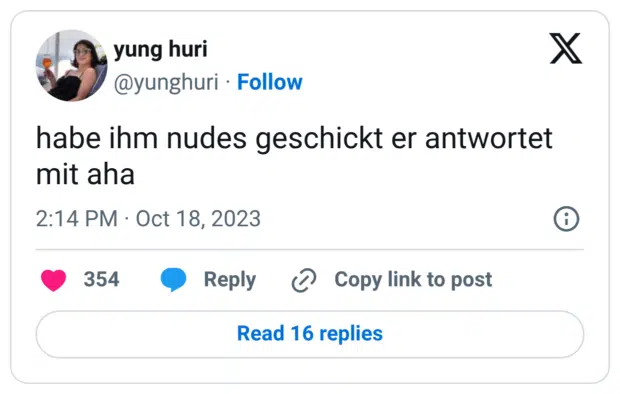 habe ihm nudes geschickt er antwortet mit aha