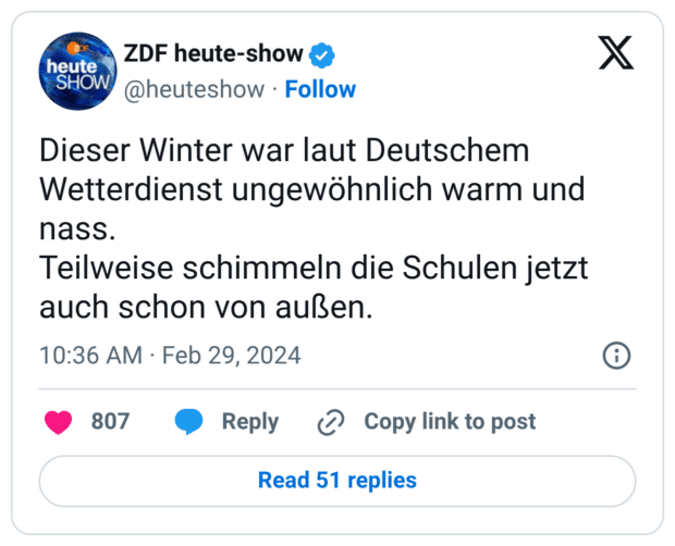 Dieser Winter war laut Deutschem Wetterdienst ungewöhnlich warm und nass. Teilweise schimmeln die Schulen jetzt auch schon von außen.